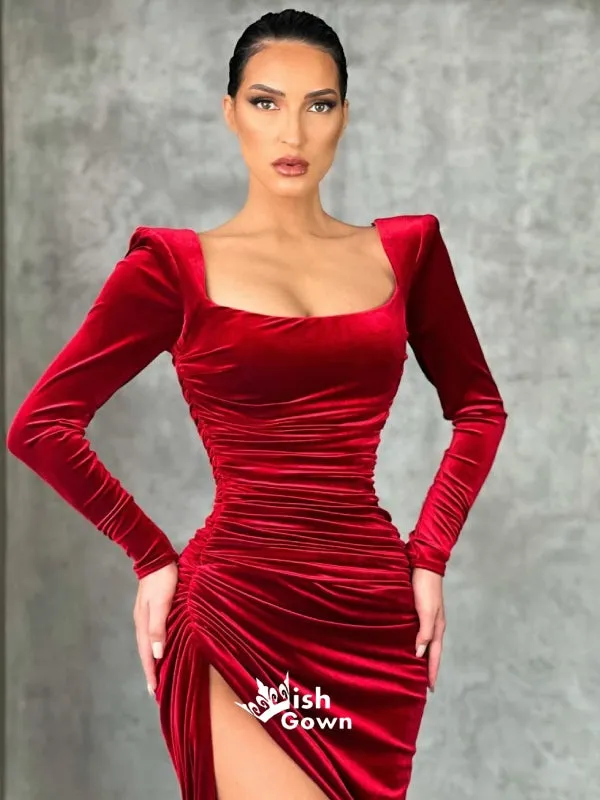 Burgundy Velvet Long Sleeves Square Neck Slits Mermaid Evening Gowns Prom Dresses , WGP144