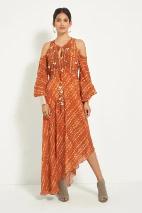 Burnt Orange Cold Shoulder Dress