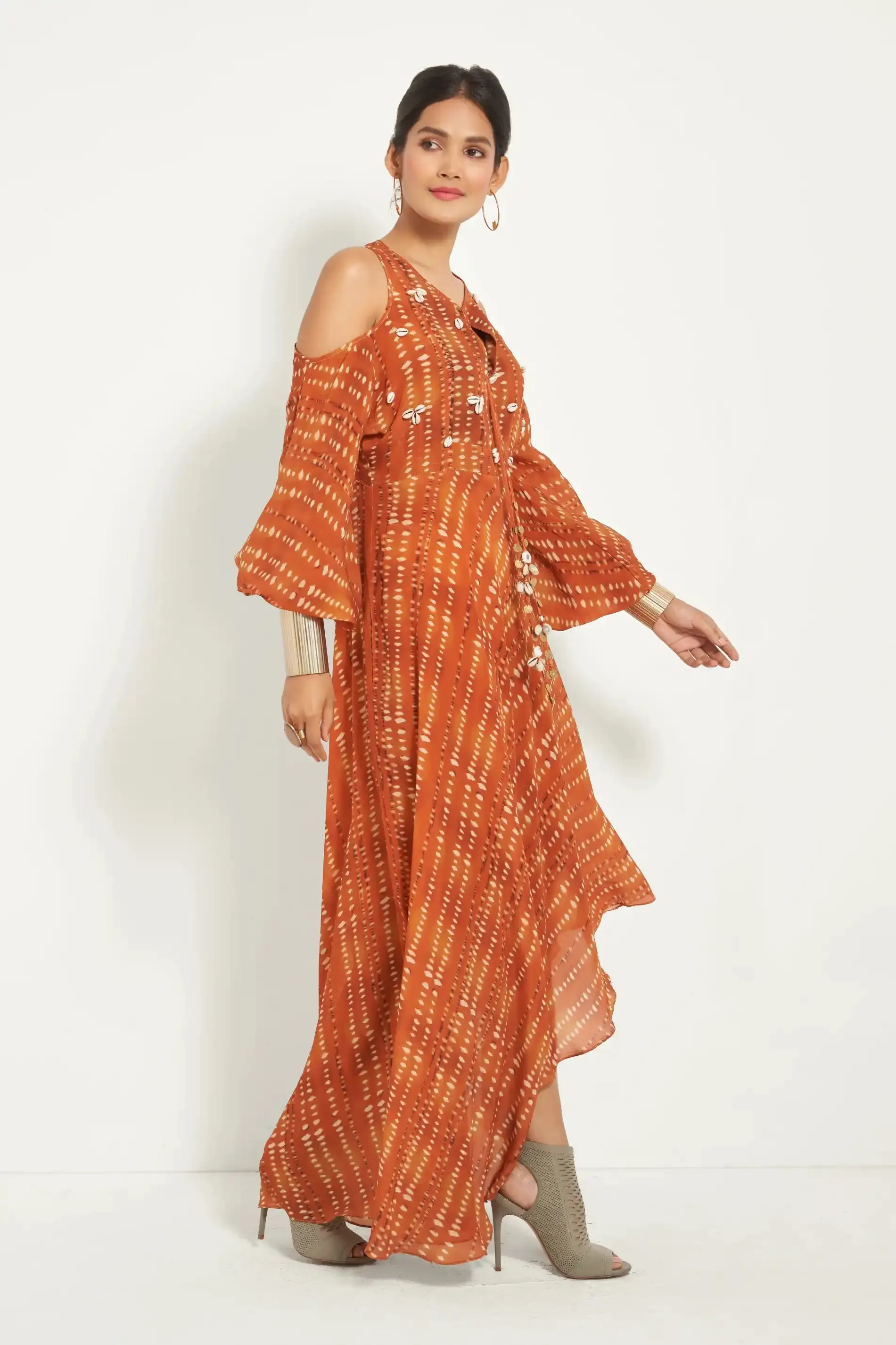 Burnt Orange Cold Shoulder Dress