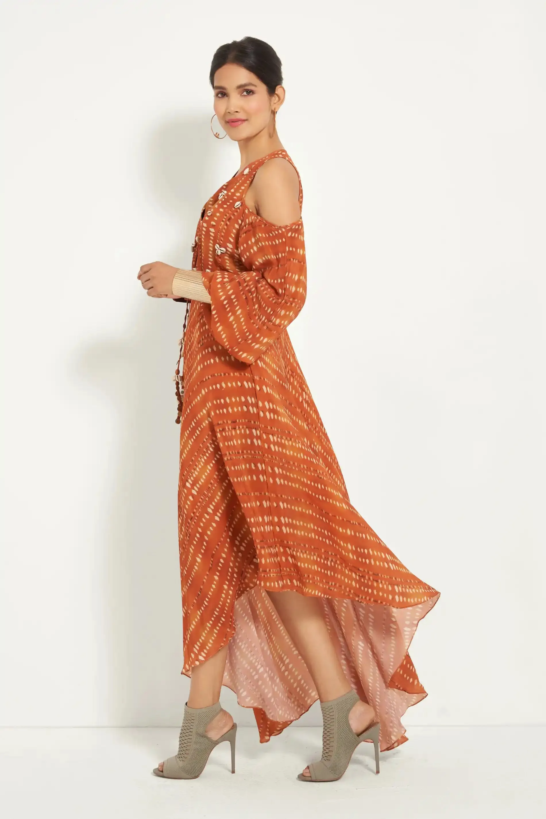 Burnt Orange Cold Shoulder Dress