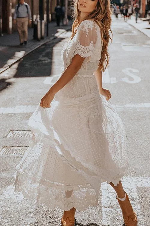 Button Lace V Neck Short Sleeve Maxi Dress