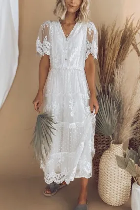 Button Lace V Neck Short Sleeve Maxi Dress