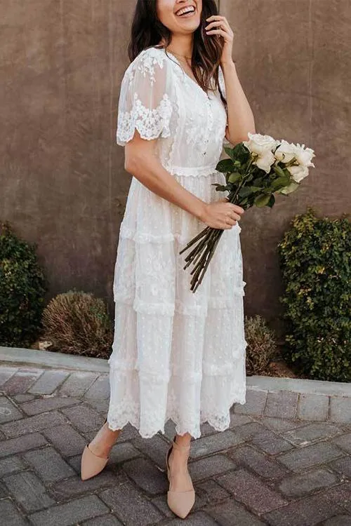 Button Lace V Neck Short Sleeve Maxi Dress