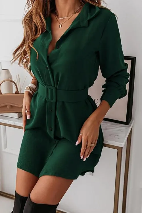 Button Long Sleeve Shirt Mini Dress With Belt