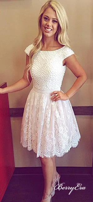 Cap Sleeves Beaded Top Lace Short Prom Dresses, Homecoming Dresses