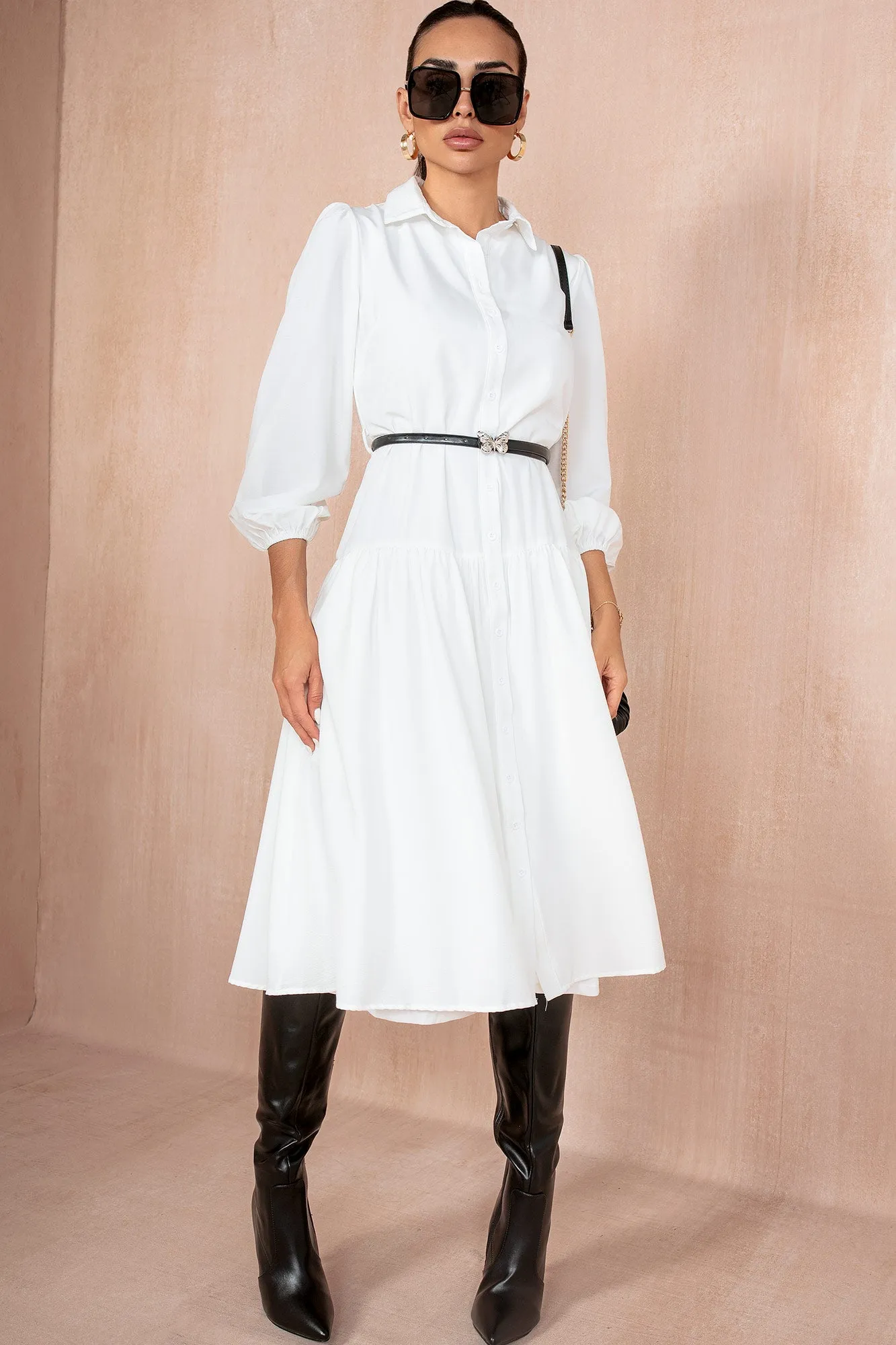 Carole White Belted Shirt Dress