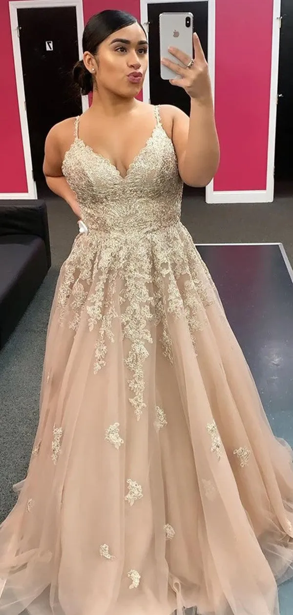 Champagne Tulle V Neck Long Lace Floral Prom Dress, 2021 Lace Evening Prom Dresses