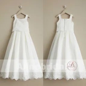 Charming Elegant Ivory Lace Square Neck Sleeveless Long A-line Flower Girl Dresses , FGS091