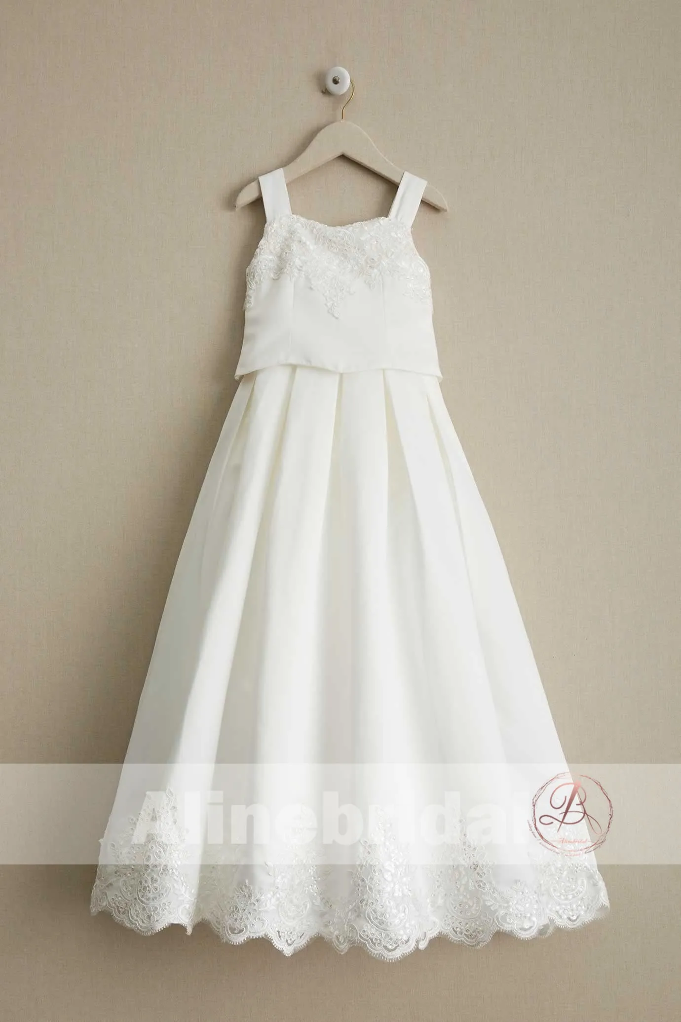 Charming Elegant Ivory Lace Square Neck Sleeveless Long A-line Flower Girl Dresses , FGS091