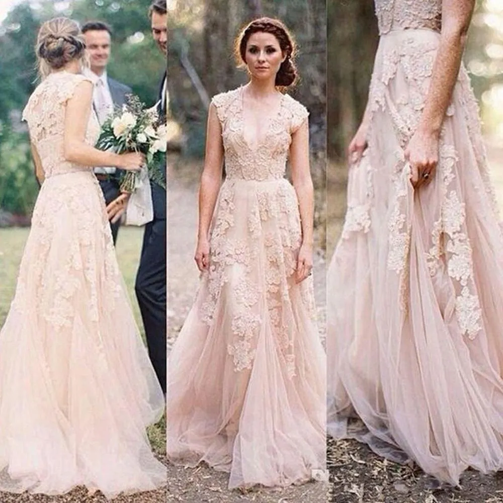 Charming Pink Lace Sexy V-neck Long Sheath Tulle Wedding Party Dresses Online, TYP1177