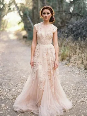 Charming Pink Lace Sexy V-neck Long Sheath Tulle Wedding Party Dresses Online, TYP1177