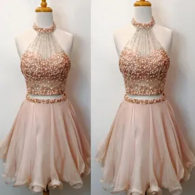 Charming Two Pieces Bare-midriff Rhinestones Sparkly Halter Pink Cute Homecoming Dresses, CM0013