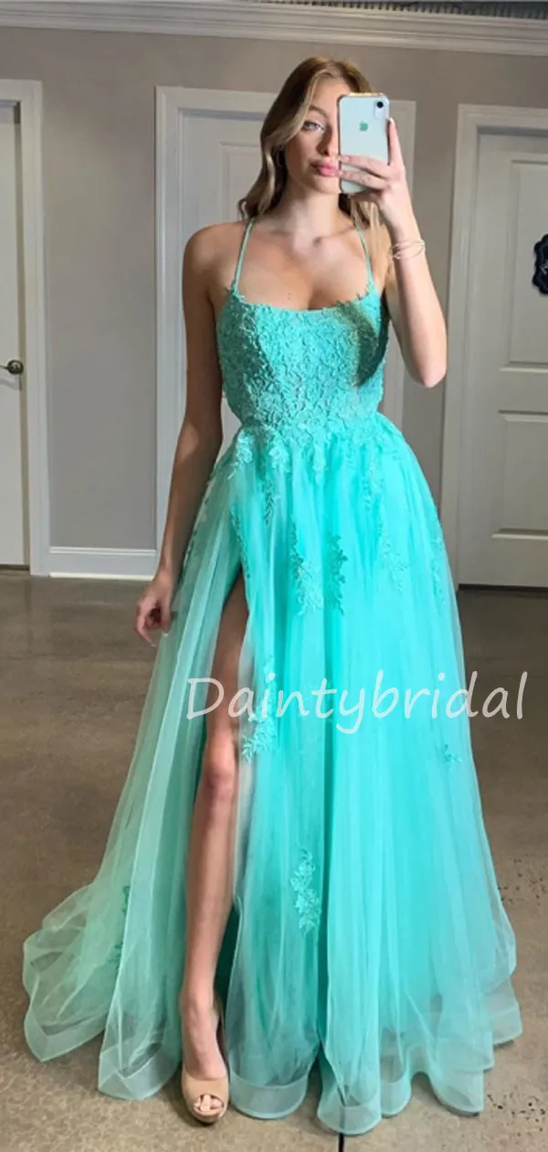 Charming V-neck Tulle Side Slit A-line Long Prom Dresses Evening Dresses.DB10510