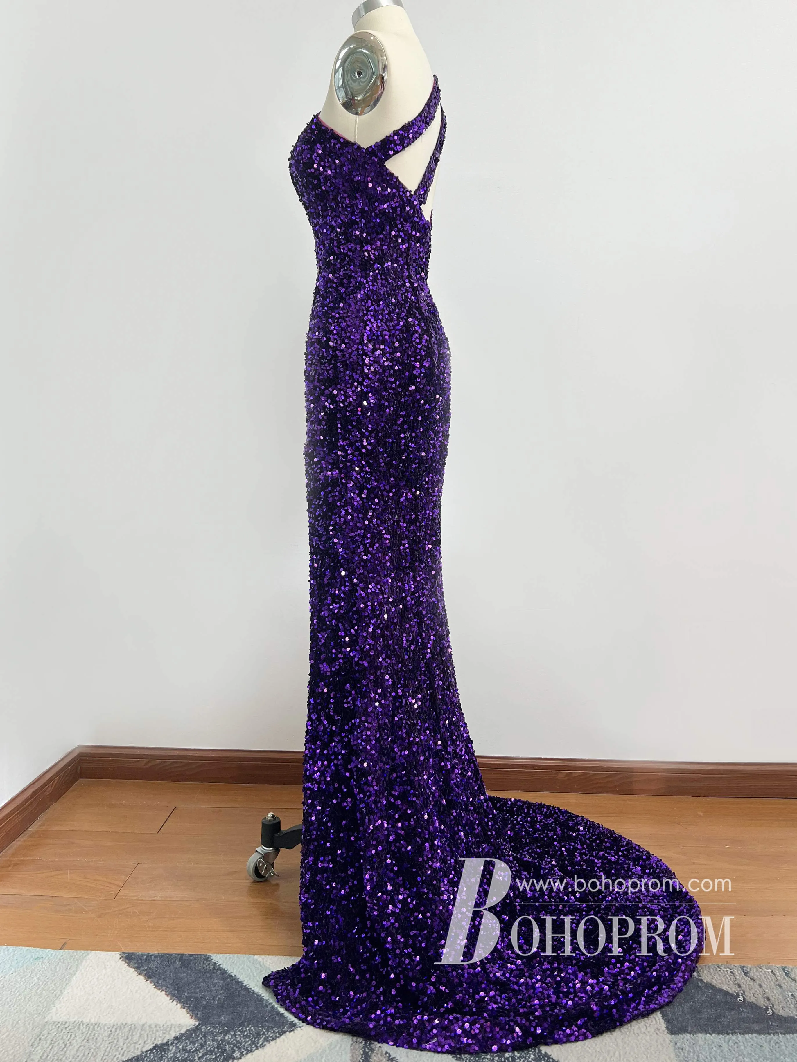 Chic Sequin Lace One Shoulder Sweep Train Mermaid Prom Dresses PD729