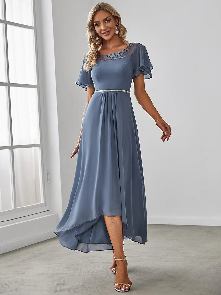 Chiffon Ruffle Sleeves Asymmetrical Hem Mother of the Bride Dress