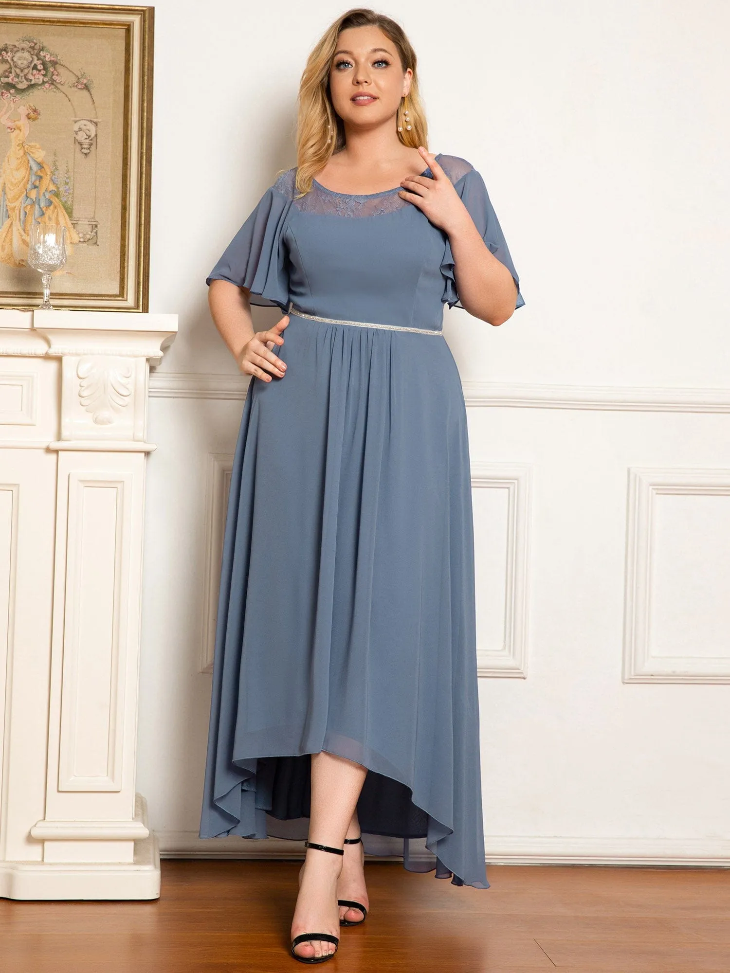 Chiffon Ruffle Sleeves Asymmetrical Hem Mother of the Bride Dress