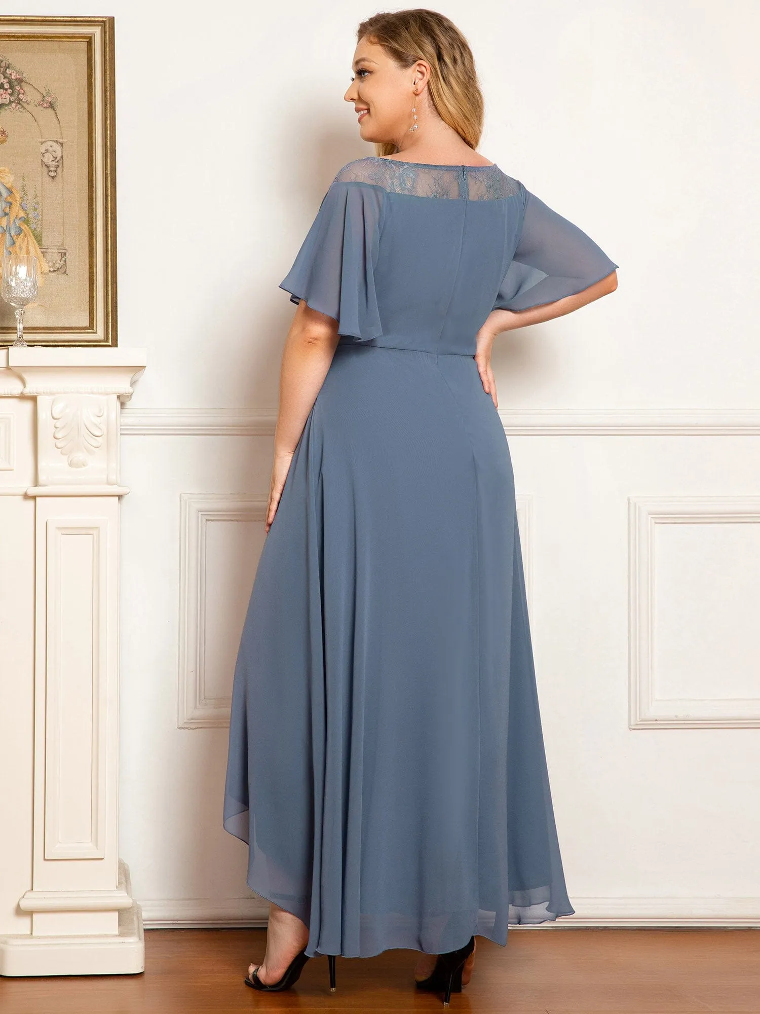 Chiffon Ruffle Sleeves Asymmetrical Hem Mother of the Bride Dress