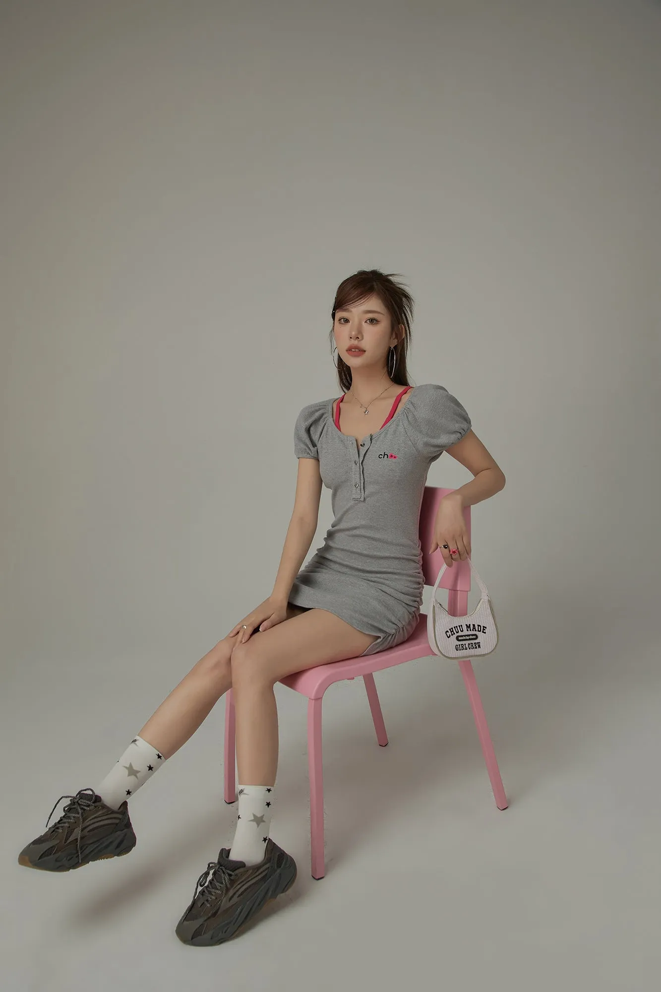 Chuu Cherry Lettering Puff Short Sleeve Side Shirring Mini Dress