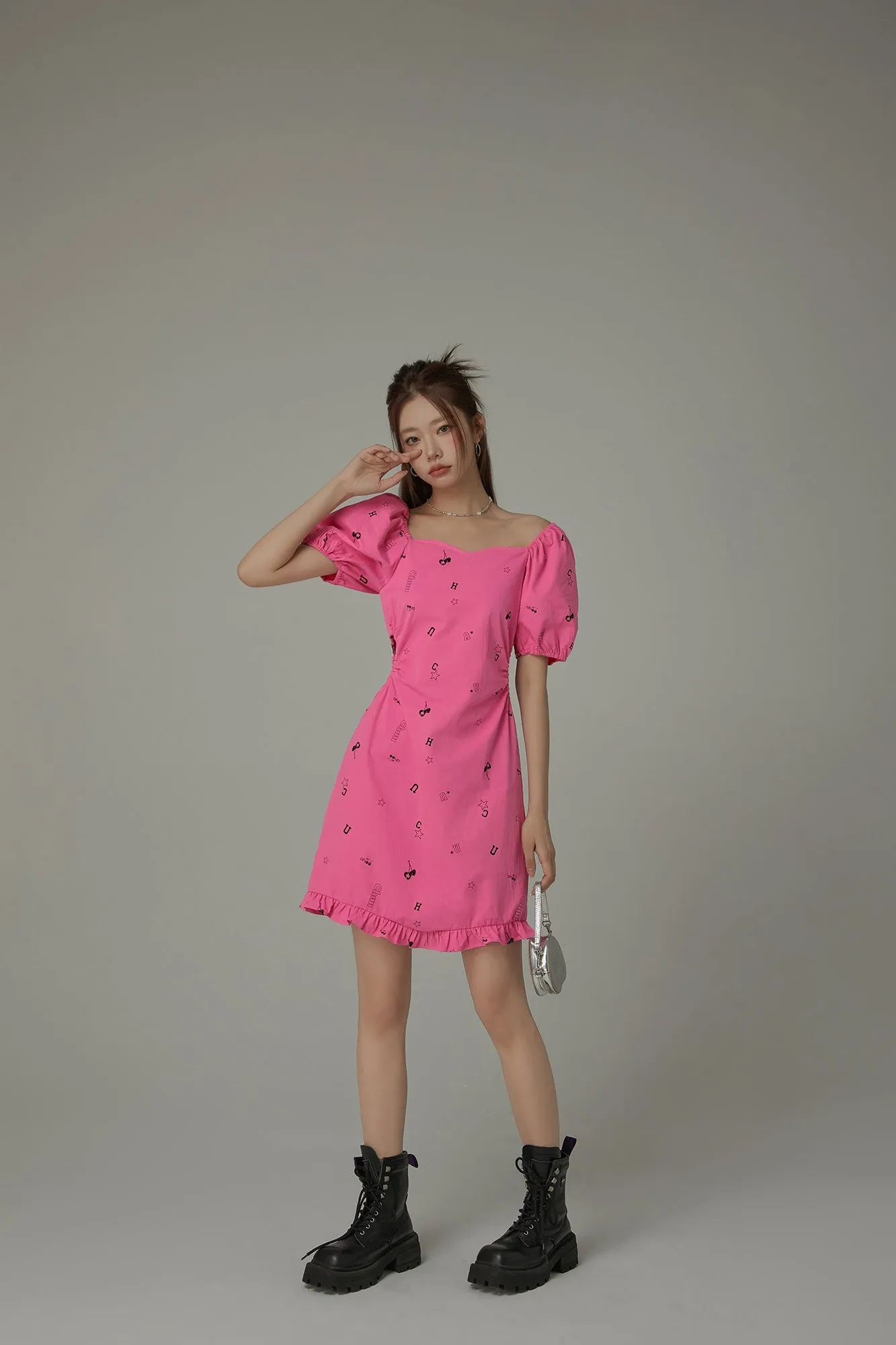 Chuu Symbols Ruffled Side Cutout Puff Short Sleeve Mini Dress