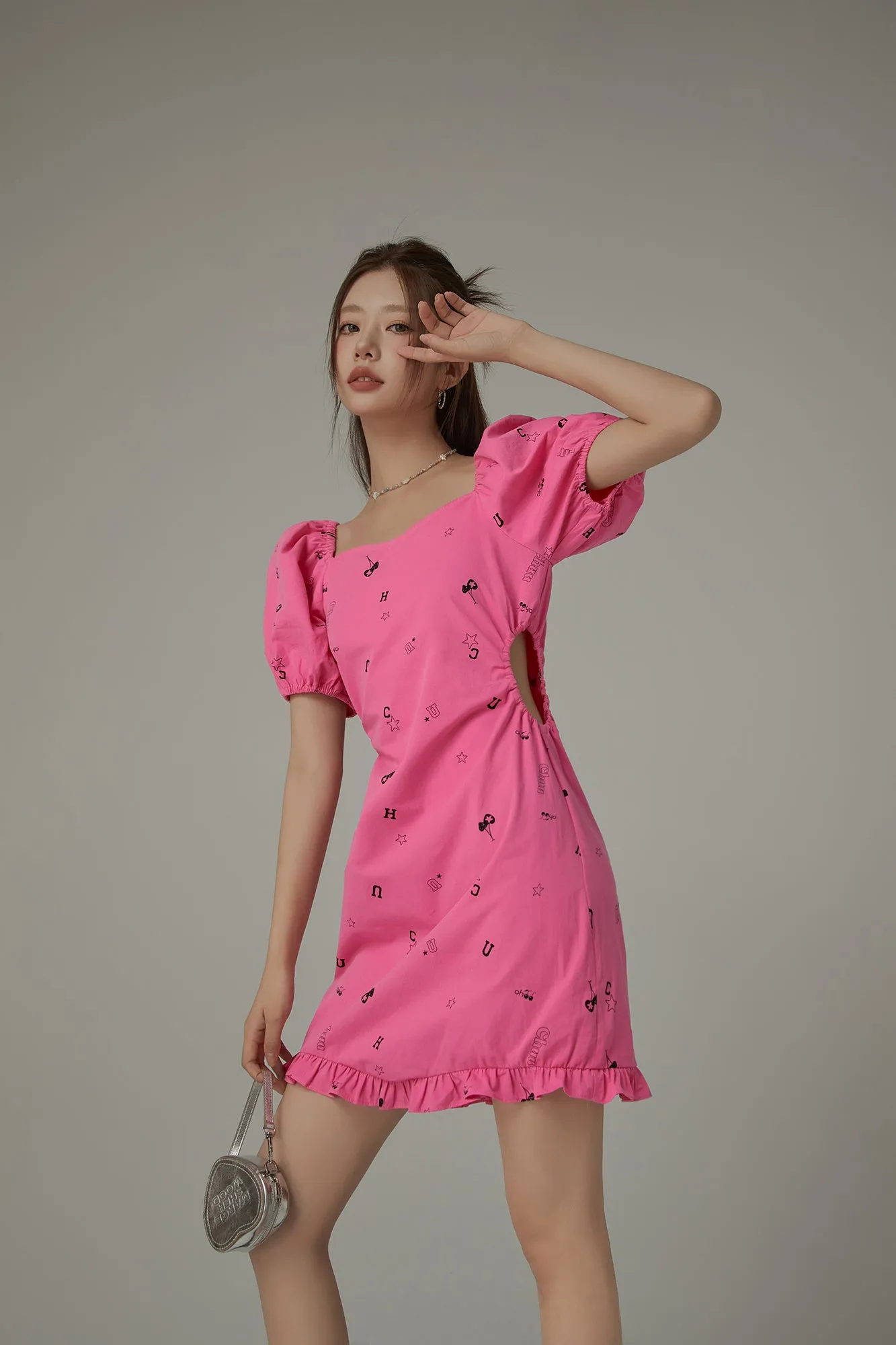 Chuu Symbols Ruffled Side Cutout Puff Short Sleeve Mini Dress