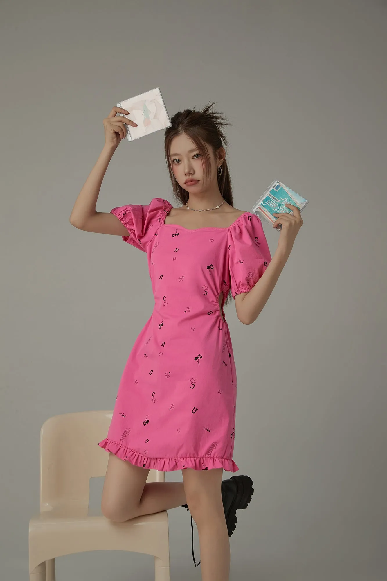 Chuu Symbols Ruffled Side Cutout Puff Short Sleeve Mini Dress