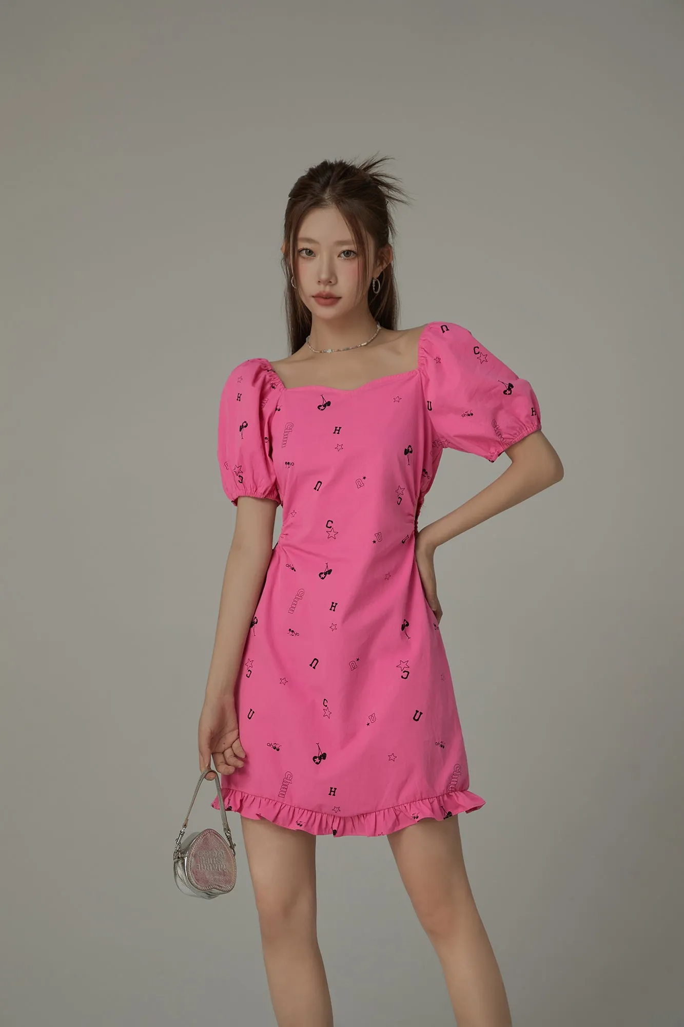 Chuu Symbols Ruffled Side Cutout Puff Short Sleeve Mini Dress