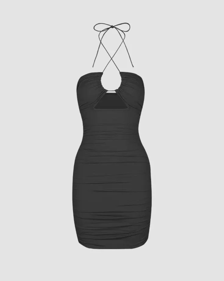 Clam Ruched Bodycon Halter Dress