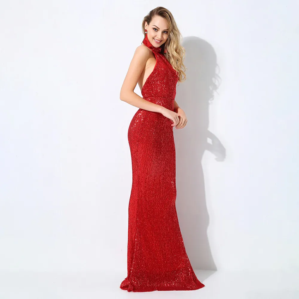 Collar Open Back Fold Elastic Sequins Maxi Dresses