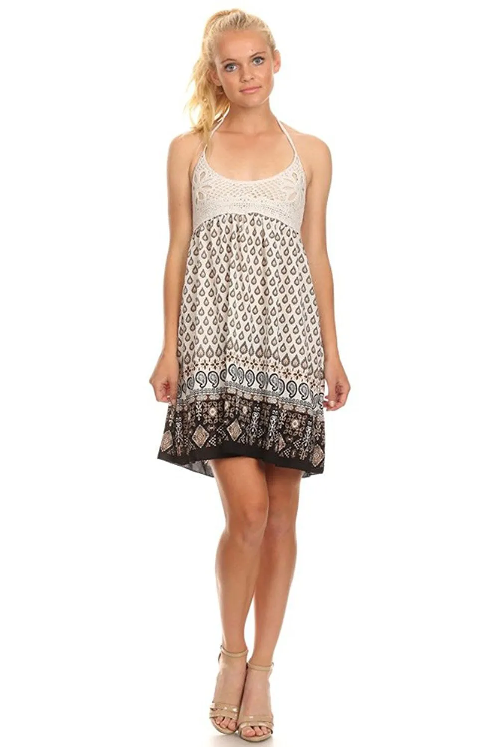 Crochet Lace Paisley Printed Boho Sleeveless Short Dress