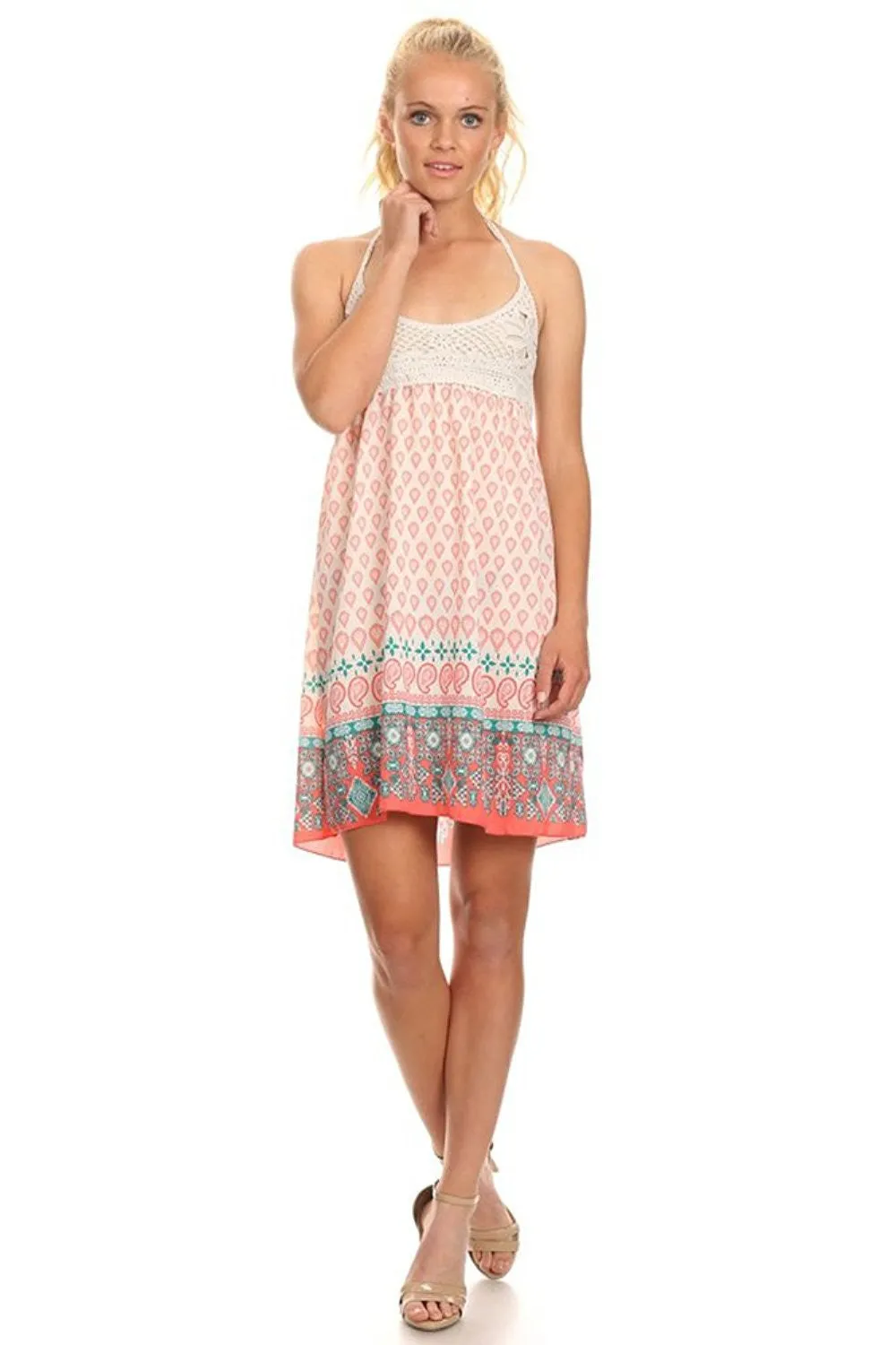 Crochet Lace Paisley Printed Boho Sleeveless Short Dress