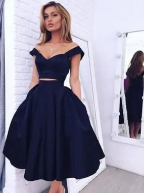 Custom Made 2 Pieces Off Shoulder Short Navy Blue Prom Dresses, Short Navy Blue Graduation Dresses, Homecoming Dresses