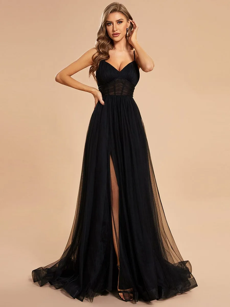 Custom Size Illusion Spaghetti Strap High Slit Tulle Formal Dress with Train