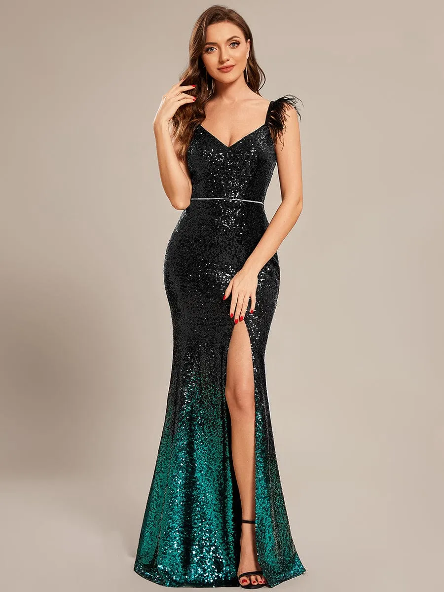 Custom Size Sequin Feather Lace-Up Mermaid Formal Dresses