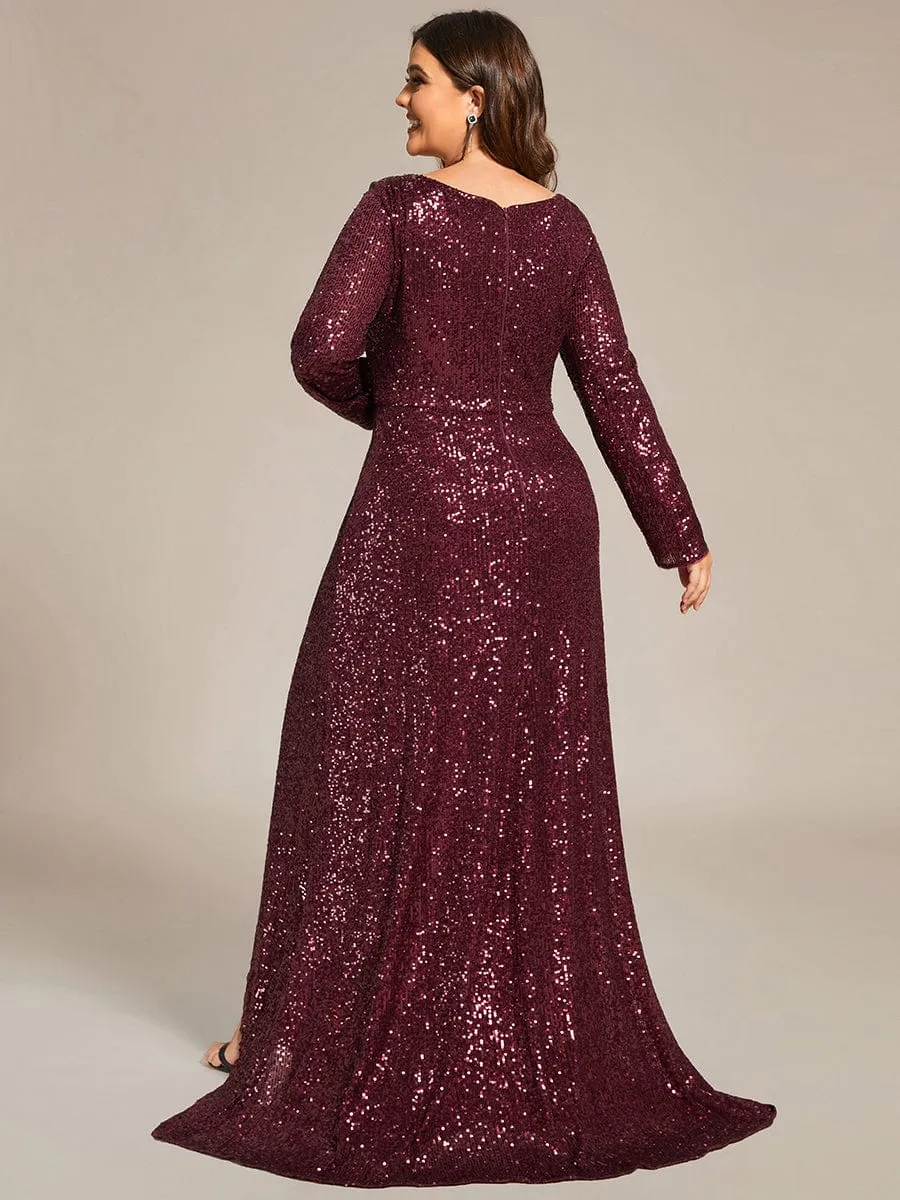 Custom Size Sequin Long Sleeve V-Neck High Slit Bodycon Evening Dress