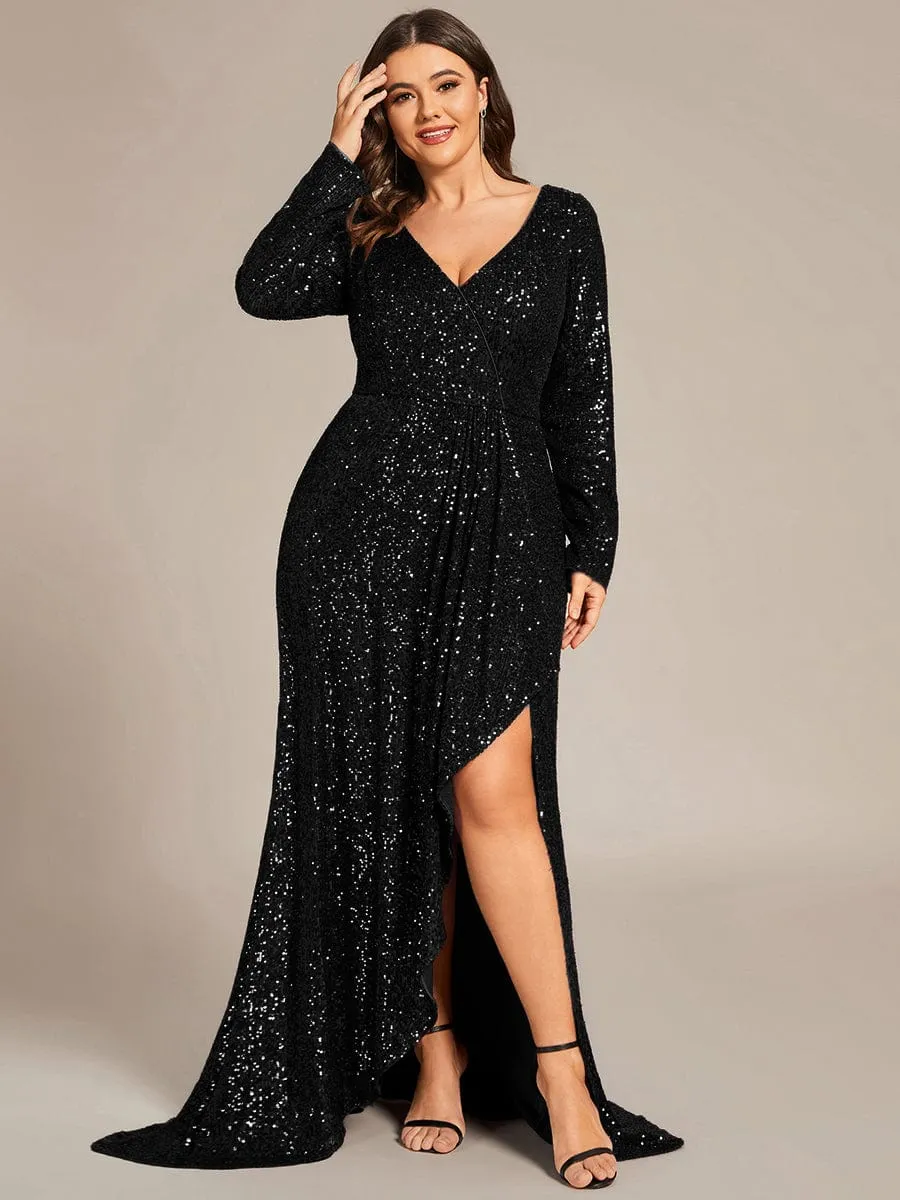 Custom Size Sequin Long Sleeve V-Neck High Slit Bodycon Evening Dress