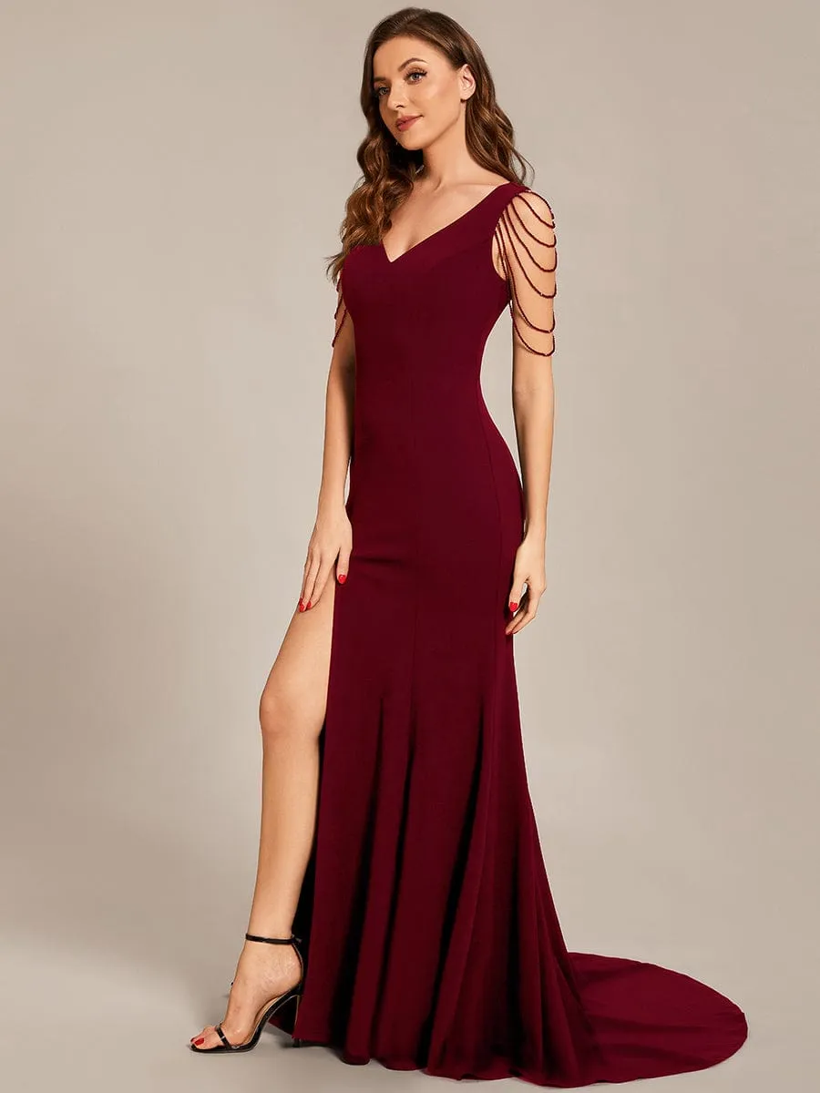 Custom Size V Neck Stretch Crepe High Front Slit Bodycon Formal Dress