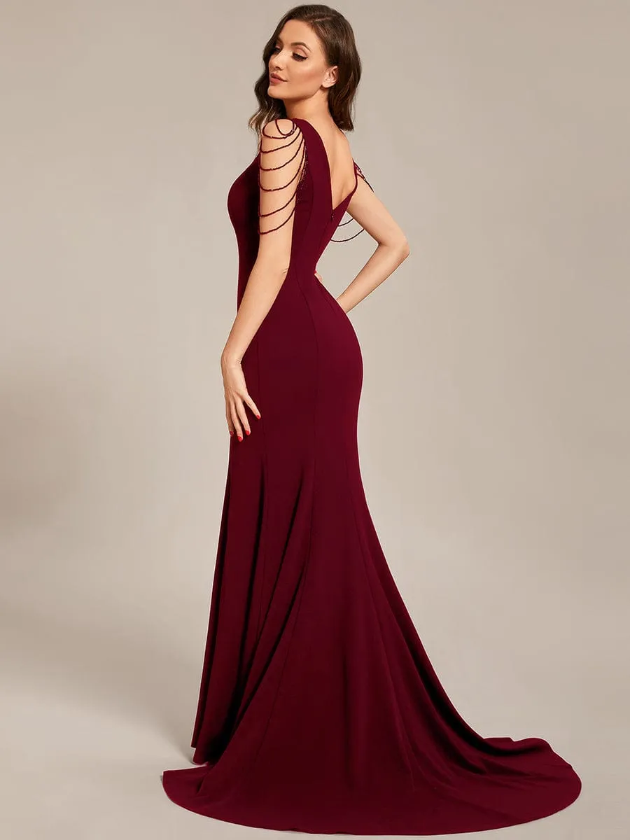 Custom Size V Neck Stretch Crepe High Front Slit Bodycon Formal Dress