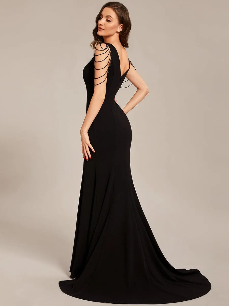 Custom Size V Neck Stretch Crepe High Front Slit Bodycon Formal Dress