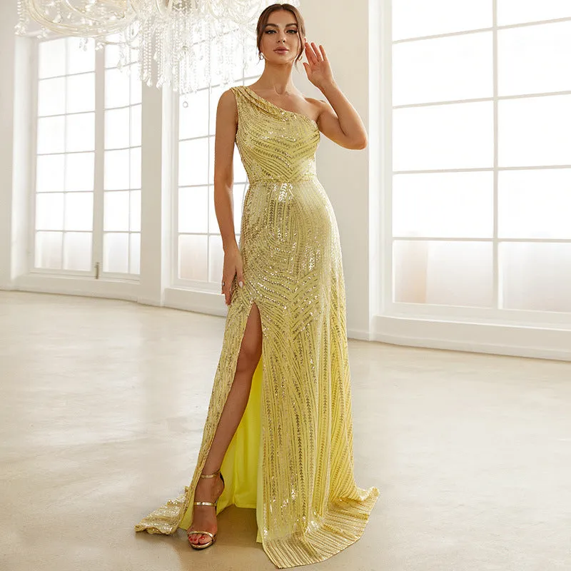 Daphne Single Shoulder Sequin Slit Maxi Dress