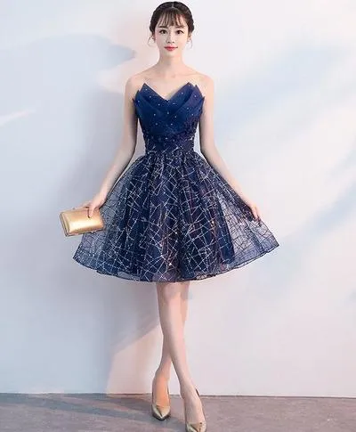 Dark blue v neck tulle sequin short prom dress, blue homecoming dress S94