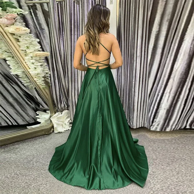 Dark Green Spaghetti Straps A-line Evening Formal Gown EV1105