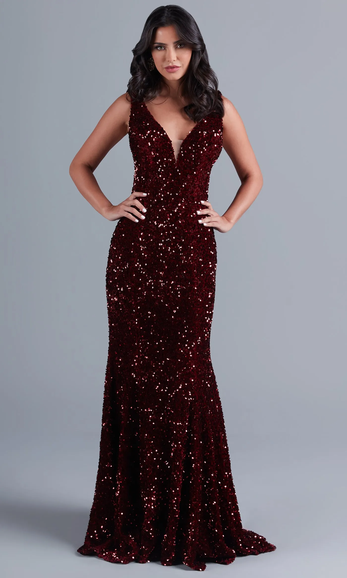 Deep V-Neck Dark Red Long Velvet-Sequin Prom Dress