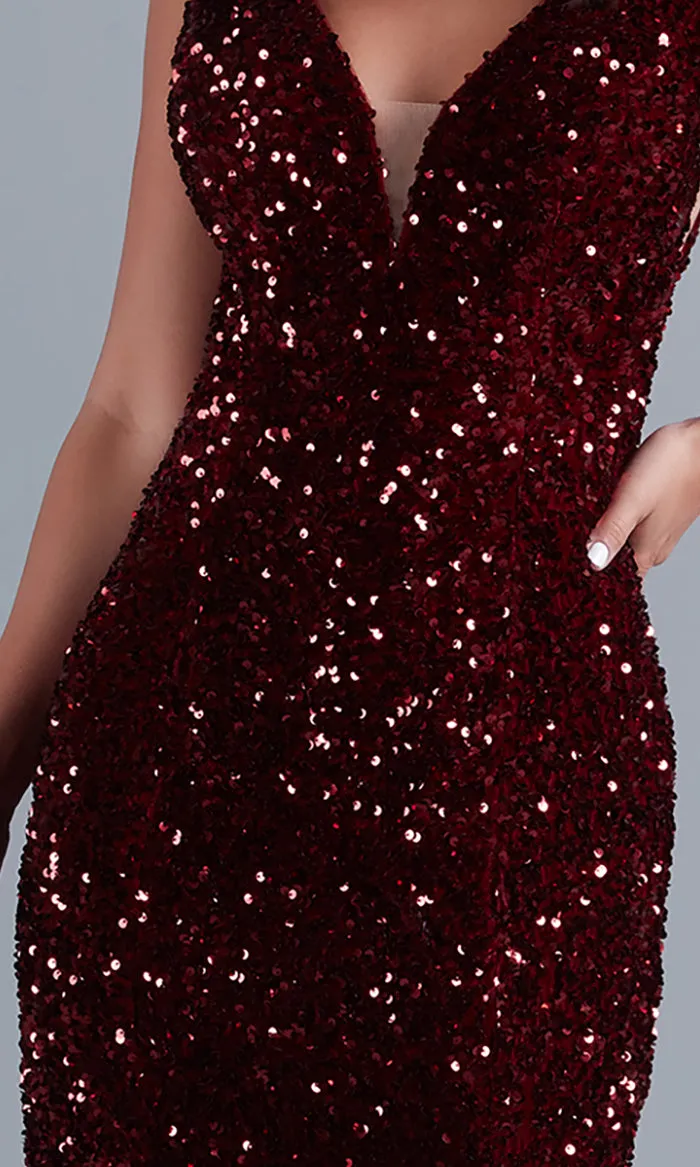 Deep V-Neck Dark Red Long Velvet-Sequin Prom Dress