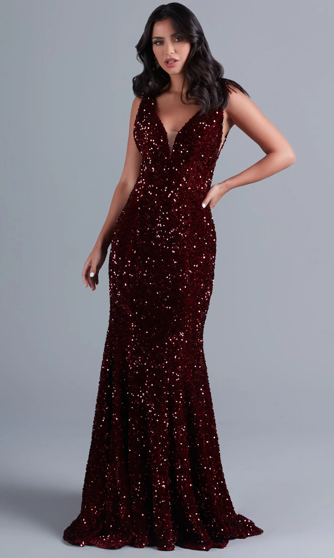 Deep V-Neck Dark Red Long Velvet-Sequin Prom Dress