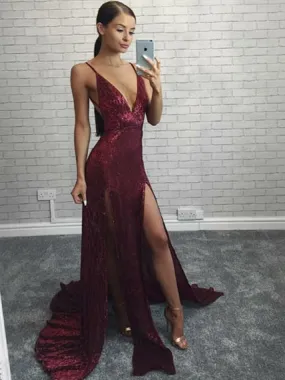 Deep V-neck Long Sheath Sequin Prom Dresses, Side Slit Prom Dresses, 2020 Long Prom Dresses