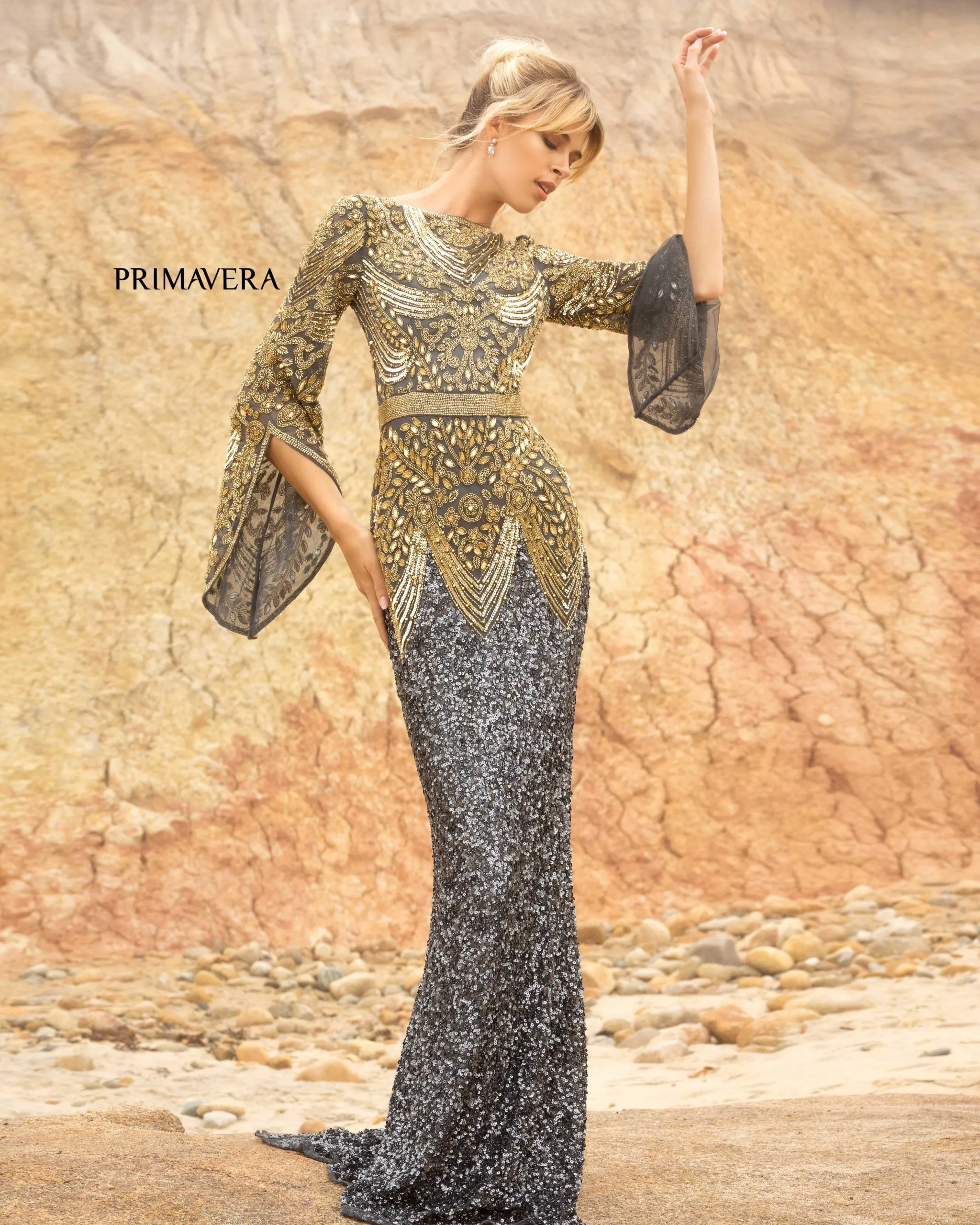 Dorota | Beaded Long Sleeve Evening Gown | Primavera 3680