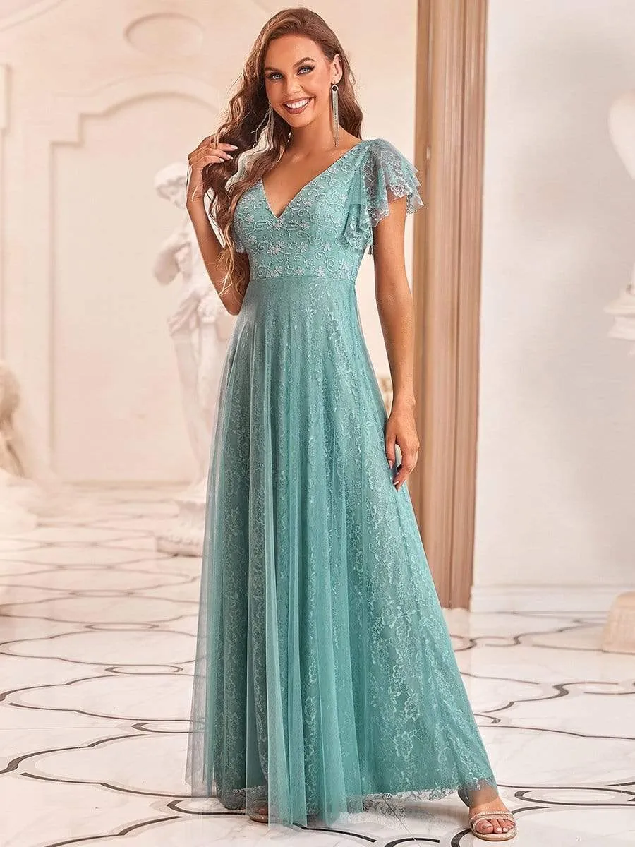 Double V Neck Long Lace Evening Dress with Ruffle Sleeves