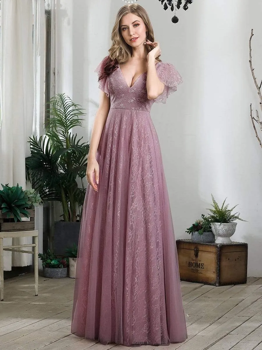 Double V Neck Long Lace Evening Dress with Ruffle Sleeves