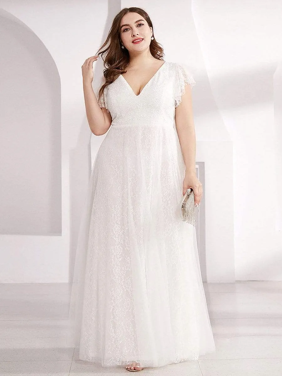 Double V Neck Long Lace Evening Dress with Ruffle Sleeves