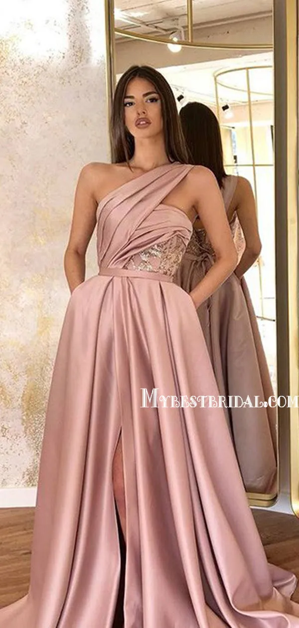 Dusty Pink One Shoulder Satin A-line Long Elegant Party Prom Dress,PDY0108